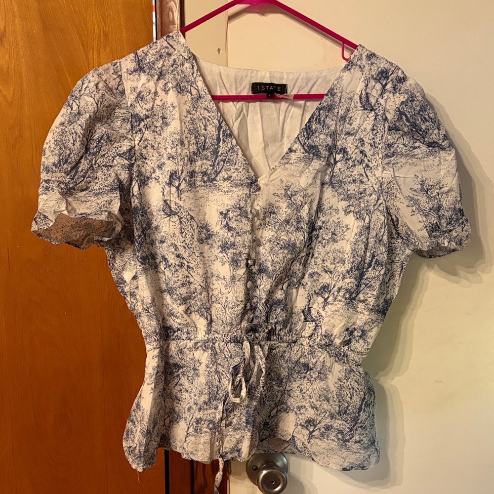 1. State Blue and White V-Neck Drawstring Peplum Blouse